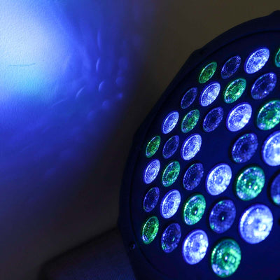LED stage light with colorful lenses projecting vibrant patterns.