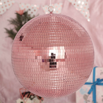 Large Rose Gold Foam Disco Mirror Ball With Hanging Swivel Ring, Holiday Party Decor 16"