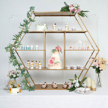 4ft Large Gold Metal Hexagonal Cake Dessert Display Stand, Wedding Arch Backdrop, Balloons Rack, Modern Bookcase