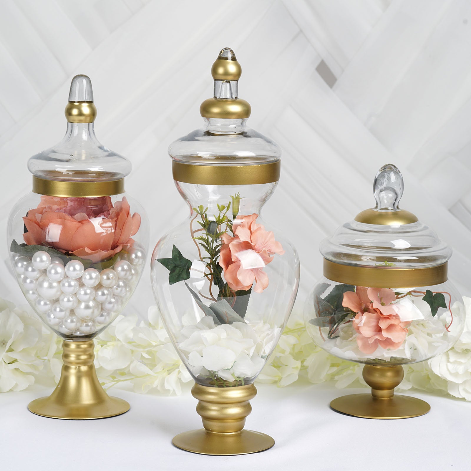 Efavormart Set of 3 Gold Trimmed Glass Apothecary Candy Jars with Lids -10 inch/14 inch/16 inch