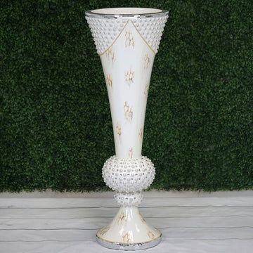 Large Pearls Embellished White Trumpet Vase With Mirror Mosaic Decoration 43"