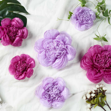 Set of 6 Lavender / Eggplant Peony 3D Paper Flowers Wall Decor 7",9",11"