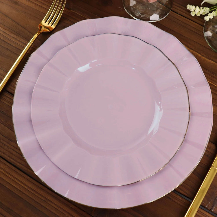 10 Pack 9 Inch Size Lavender Lilac Plastic & Foil Wide Ruffled Rim With Gold Edging Dinner Plates