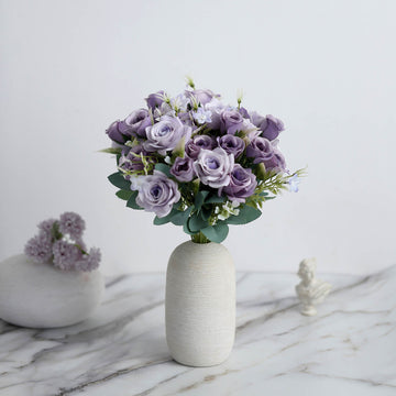4 Bushes Lavender Lilac Real Touch Artificial Silk Rose Bridal Bouquet, Faux Flowers 12"