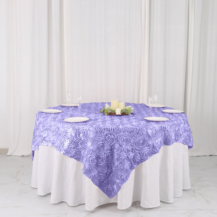 Lavender Satin 3D Rosette Table Overlay 72 Inch x 72 Inch