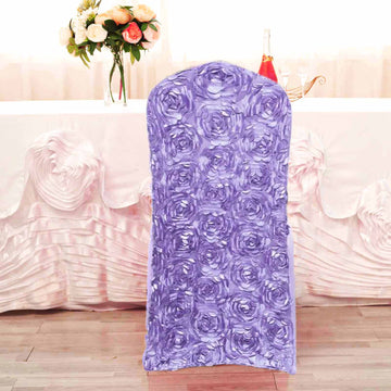 Lavender Lilac Satin Rosette Spandex Stretch Banquet Chair Cover, Fitted Chair Cover
