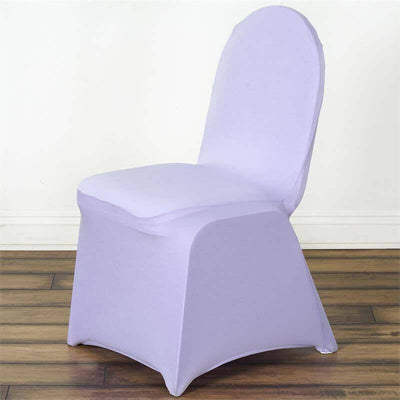 Purple chair cover on wooden floor for event decor.