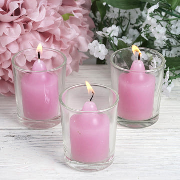 12 Pack Lavender Lilac Votive Candle and Clear Glass Votive Holder Candle Set