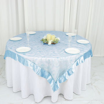 60"x60" Light Blue Embroidered Sheer Organza Square Table Overlay With Satin Edge