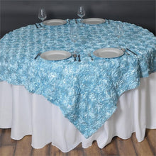 Light Blue 3D Rosette Satin Square Table Overlay 72 Inch x 72 Inch