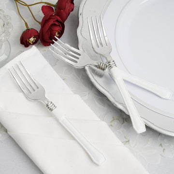 25 Pack | 7" Light Silver Heavy Duty Plastic Forks with White Handles, Disposable Utensils