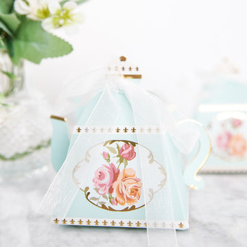 25 Pack | 4" Light Turquoise Mini Teapot Favor Boxes, Tea Time Gift Box with Ribbon