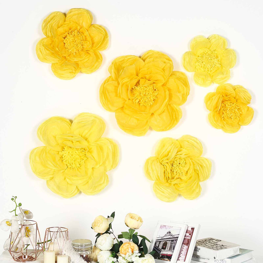 6 Pack Light & Dark Yellow Giant Paper Flowers Peony Assorted Sizes -  12" | 16" | 20"