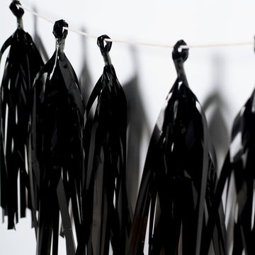 Metallic Black Foil Tassels Fringe Garland, Tinsel Streamer Party Backdrop Decorations - Black 7.5ft Long
