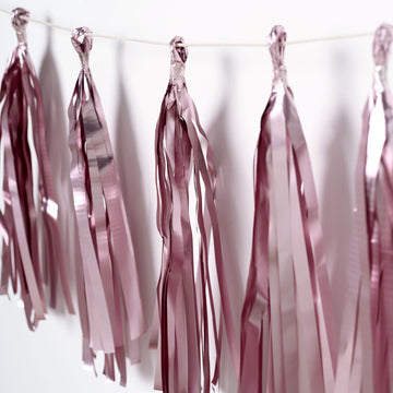 Metallic Dusty Rose Foil Tassels Fringe Garland, Tinsel Streamer Party Backdrop Decorations 7.5ft Long
