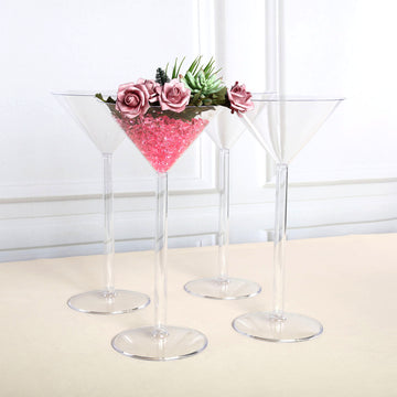 4 Pack Clear Plastic Martini Glass Flower Vases, Wedding Centerpieces 18" Long Stem