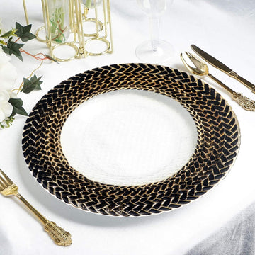 8 Pack | 13" Luxurious Black/Gold Braided Rim Glass Charger Plates, Clear Round Charger Plates