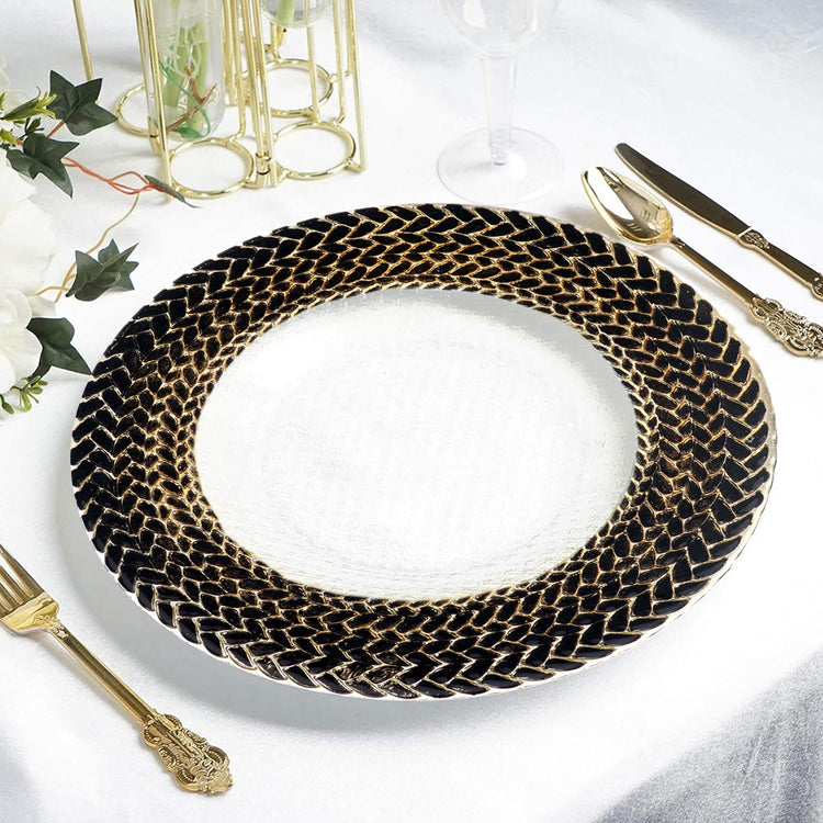 8 Pack Round Glass Charger Plates with Black/Gold Braided Rim