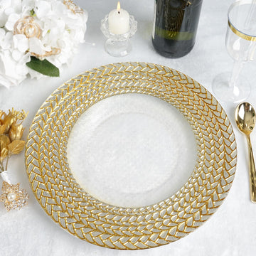 8 Pack | 13" Luxurious Silver/Gold Braided Rim Glass Charger Plates, Clear Round Charger Plates