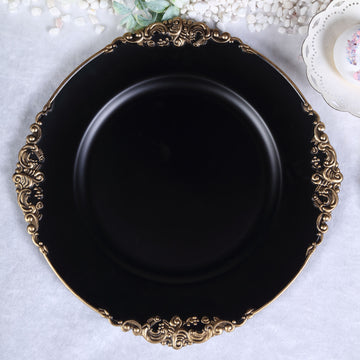 6 Pack | 13" Matte Black Gold Embossed Baroque Round Charger Plates With Antique Design Rim