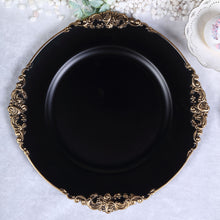 6 Pack | 13inch Matte Black Gold Embossed Baroque Round Charger Plates With Antique Design Rim