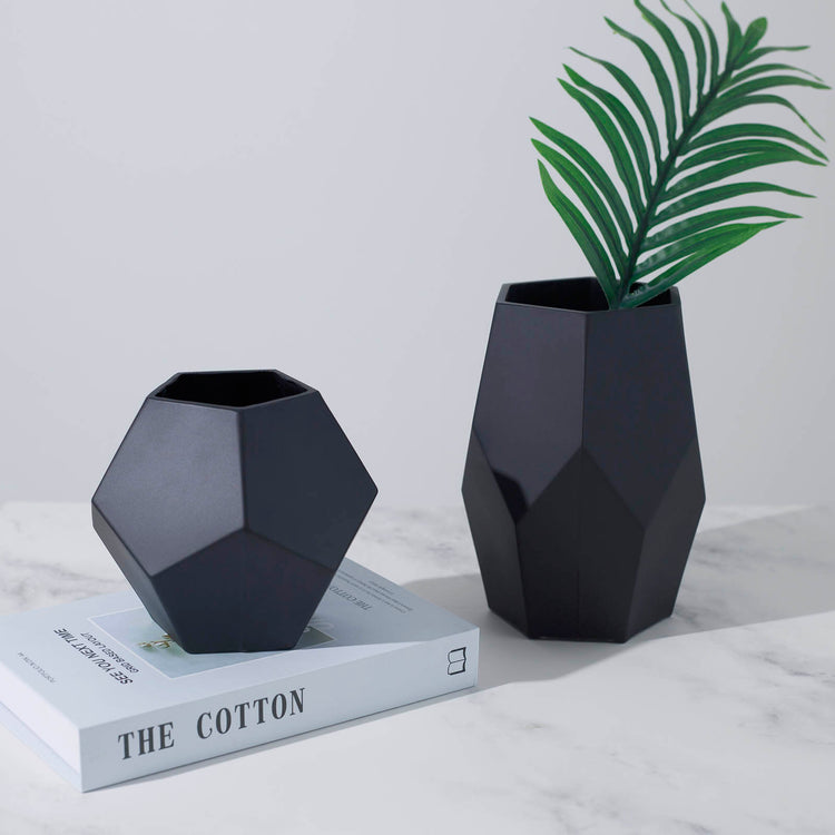 Set of 2 5 Inch x 8 Inch Matte Black Modern Geometric Pentagon Glass Flower Vases Table Centerpiece