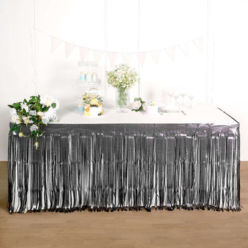 Matte Charcoal Gray Metallic Foil Fringe Table Skirt, Self Adhesive Tinsel Table Skirt 30"x9ft