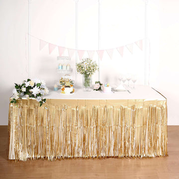 Matte Gold Metallic Foil Fringe Table Skirt, Self Adhesive Tinsel Table Skirt 30"x9ft