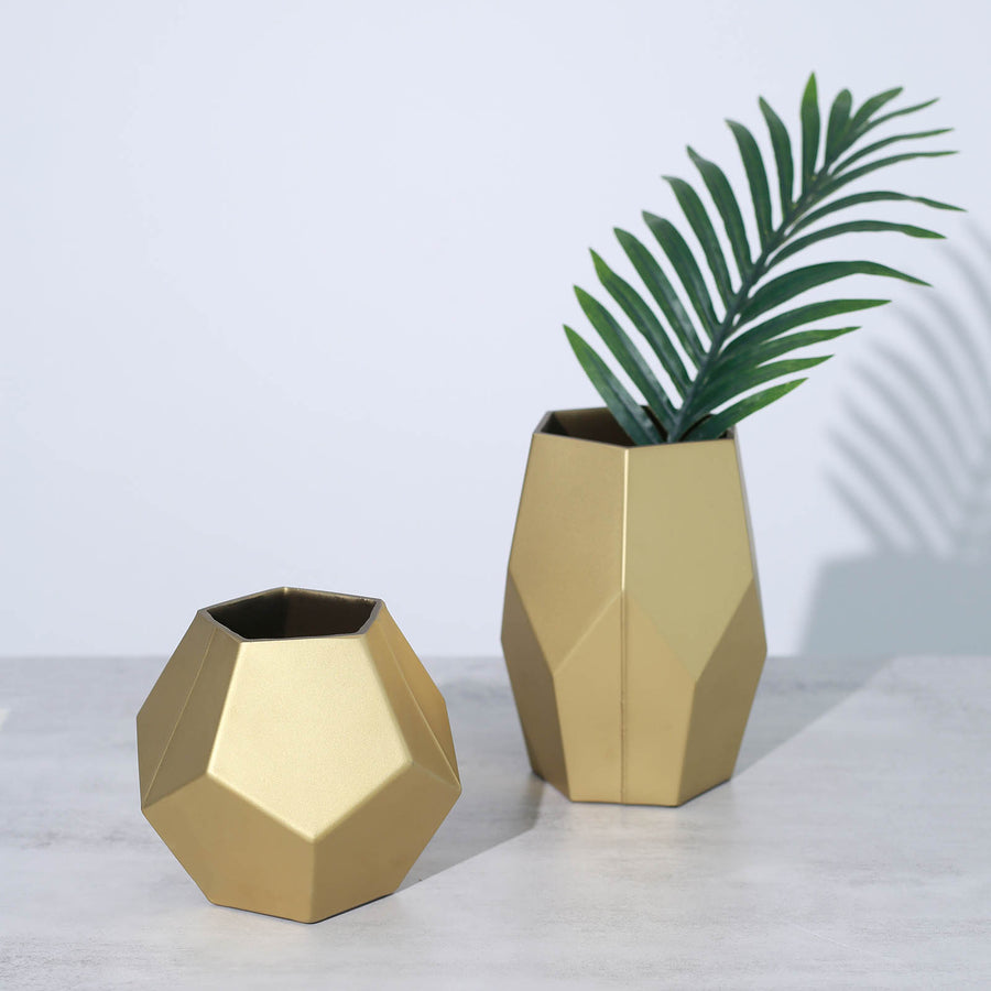 Set of 2 5 Inch x 8 Inch Matte Gold Modern Geometric Pentagon Glass Flower Vases Table Centerpiece