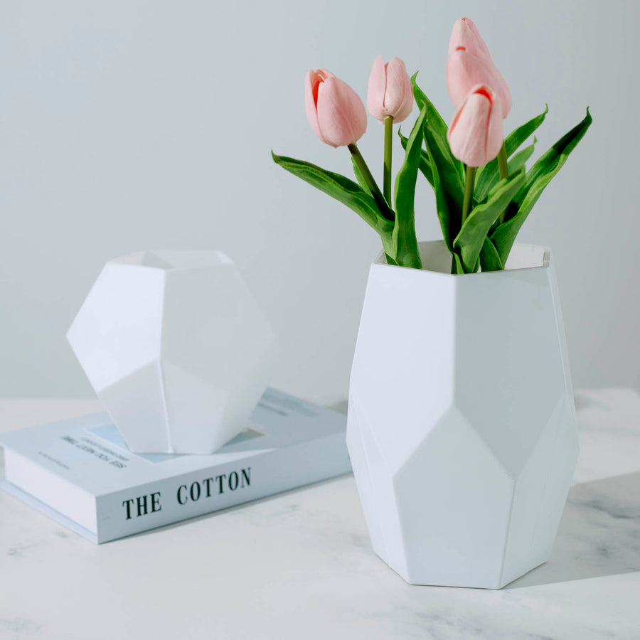 Set of 2 5 Inch x 8 Inch Matte White Modern Geometric Pentagon Glass Flower Vases Table Centerpiece