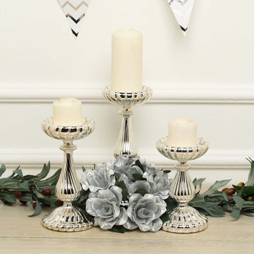 Set of 3 | Mercury Silver Glass Pillar Candle Holder Stands, Votive Candle Centerpieces - 7", 8", 10"