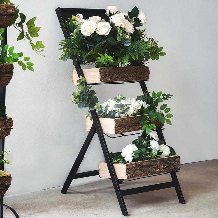 42 Inch 3-Tier Metal Ladder Stand With Wooden Log Planters
