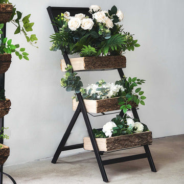 3-Tier Metal Ladder Plant Stand With Natural Wooden Log Planters 42"