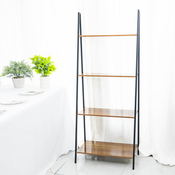 Elegant and Functional 4-Tier Metal Leaning Ladder Bookshelf Stand with Natural Wood Racks
