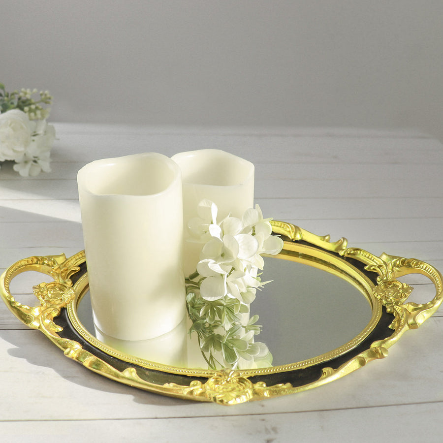Metallic 14 Inch x 10 Inch Black and Gold Resin Oval Decorative Vanity Serving Mirrored Tray with Handles 