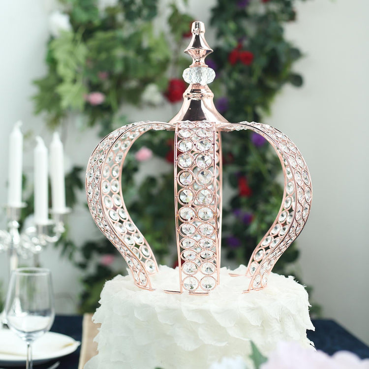 14 Inch Crystal Bead Metallic Blush & Rose Gold Royal Crown Cake Topper 