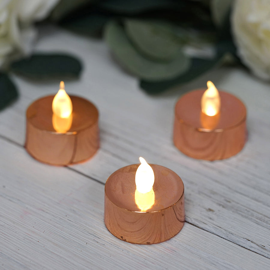 12 Pack - Metallic Flameless LED Candles - Battery Operated Tea Light Candles - Blush - Rose Gold