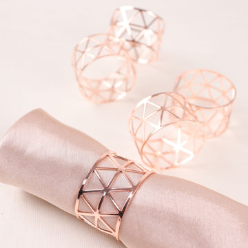 5 Pack Metallic Blush Rose Gold Geometric Napkin Rings, Paper Napkin Holders