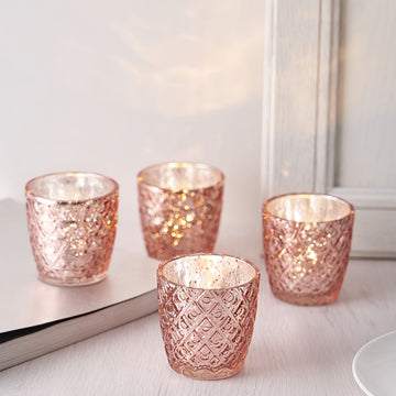 6 Pack 3" Metallic Rose Gold Glass Votive Candle Holders Tealight Mercury Glass Assorted Geometric Design