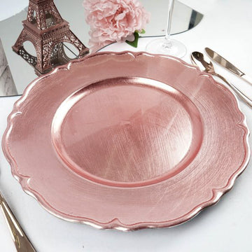 6 Pack 13" Metallic Rose Gold Scalloped Edge Hard Acrylic Charger Plates
