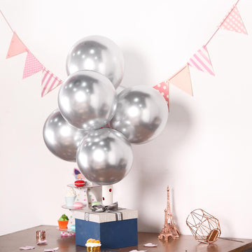 25 Pack Metallic Chrome Silver Latex Helium/Air Party Balloons 12"