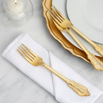 24 Pack | Metallic Gold 8" Baroque Style Heavy Duty Plastic Forks