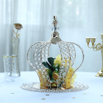 Metallic Gold Crystal-Bead Royal Crown Cake Topper, Centerpiece 14"