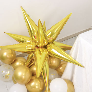 36 Pack | Metallic Gold DIY Mylar Foil Starburst Cone Balloons, 3D Explosion Star Party Balloons Kit - Customizable