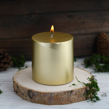 3" Metallic Gold Dripless Unscented Pillar Candle, Long Lasting Candle