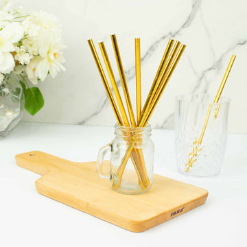 50 Pack Metallic Gold Foil Food Grade Paper Drinking Straws, Biodegradable Disposable Party Straws 8"