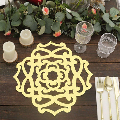 Decorative yellow lace table centerpiece on a rustic wooden table.