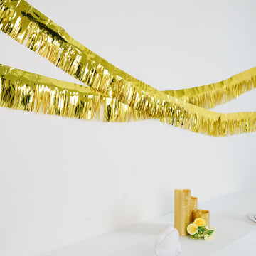Metallic Gold Foil Tassel Fringe Backdrop Banner, Tinsel Garland Decor 16ft