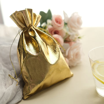 10 Pack | Metallic Gold Lame Polyester 5"x7" Party Favor Gift Bags, Shiny Fabric Drawstring Candy Pouch