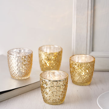 6 Pack | 3" Metallic Gold Mercury Glass Votive Candle Holders, Tealight Candle Holders - Assorted Geometric Designs